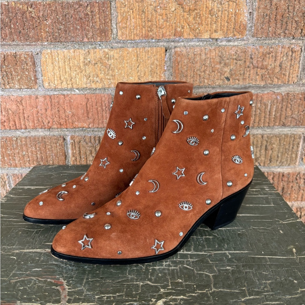Rebecca Minkoff Lizzie Suede Booties Sz 6 Studded Moon Stars Brown Almond - Picture 3 of 13